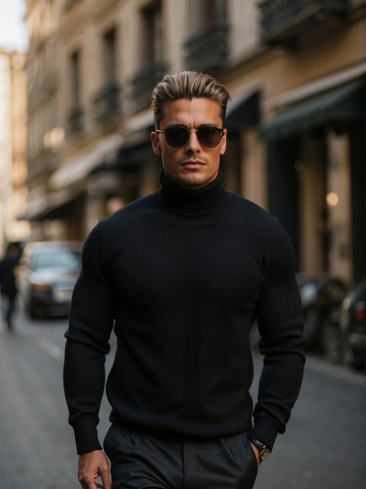 Mens high-neck knitwear pullover, perfect for refined layering and sophisticated casual fashion.