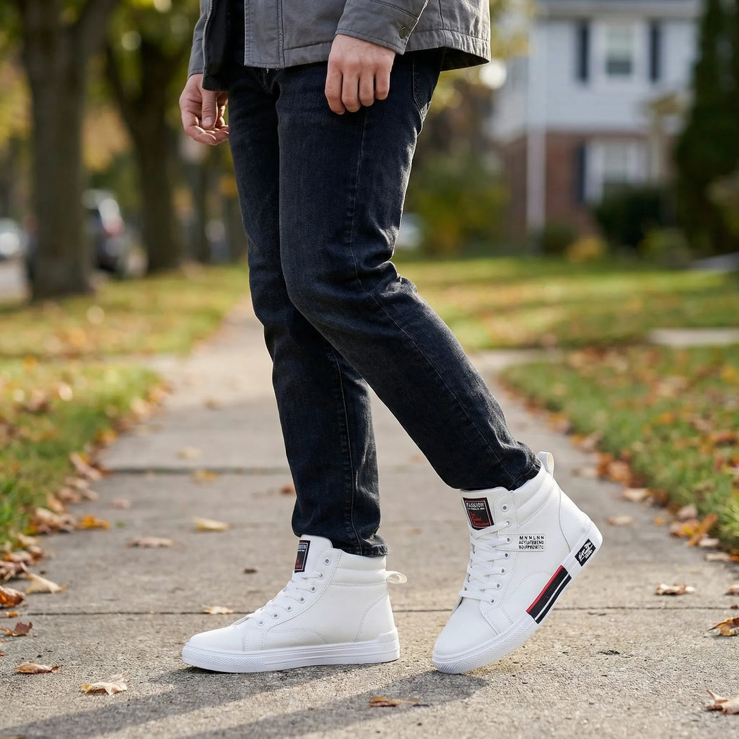 Men's high-top lace-up sneakers in versatile style, offering comfort and ankle support for casual street wear.