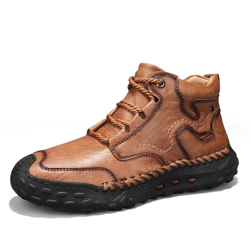 Men's high-top orthopedic comfort shoes, brown leather, for pain relief and posture correction