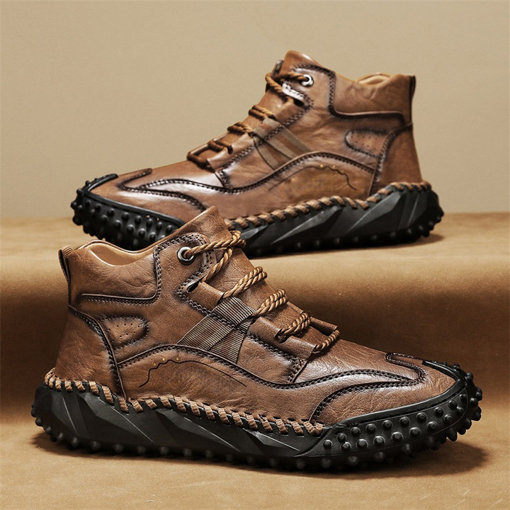 Cutaway view of men's high-top orthopedic comfort shoe, showing layered cushioning and support