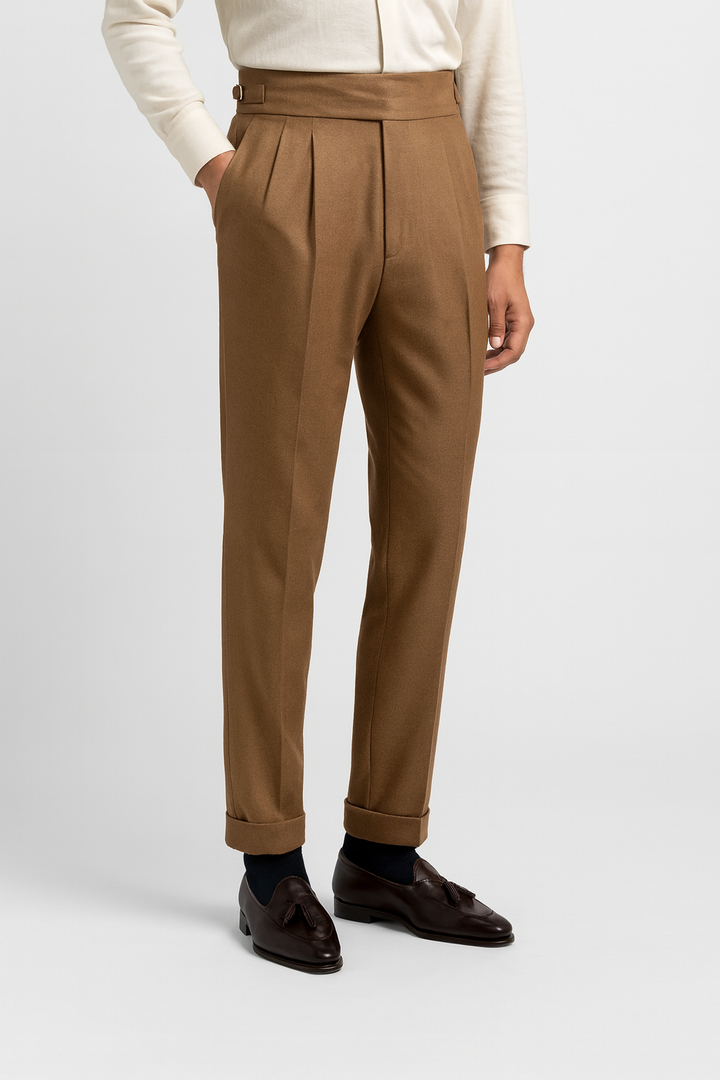 Elegant men's pleated dress pants with a high waist and sophisticated design, ideal for formal wear and events.
