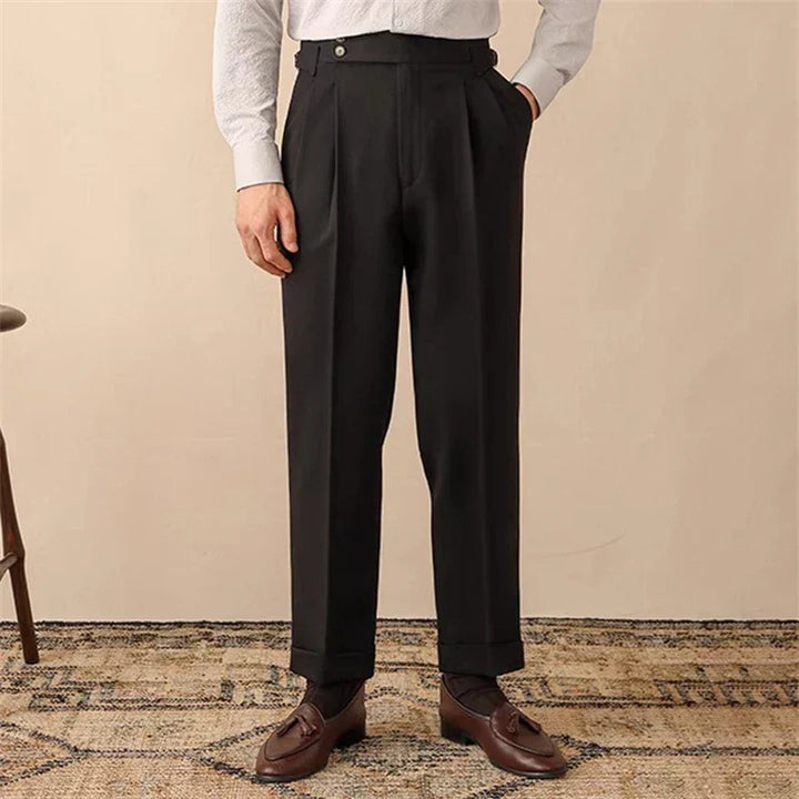 Full view of men's smart high-waisted pants, featuring a refined tailored fit and unique side buckle.