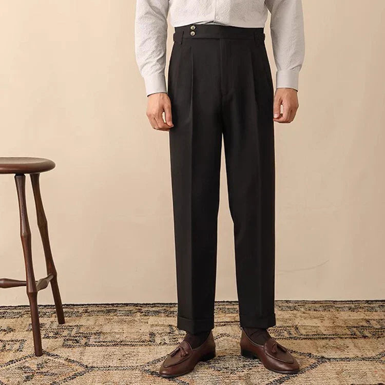 Men's modern pleated high-waisted smart wear trousers, offering a tailored fit with a chic side buckle.
