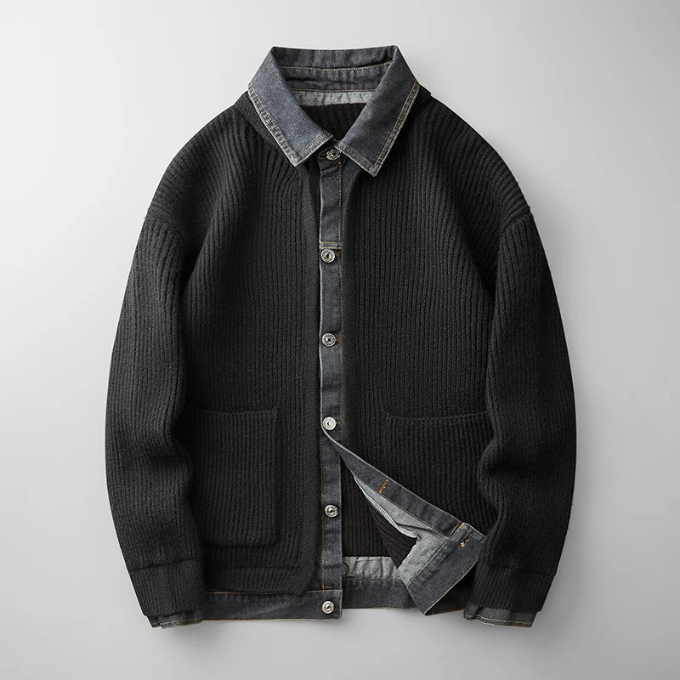 Ribbed knit men's sweater with stylish denim accents, a versatile outerwear piece.