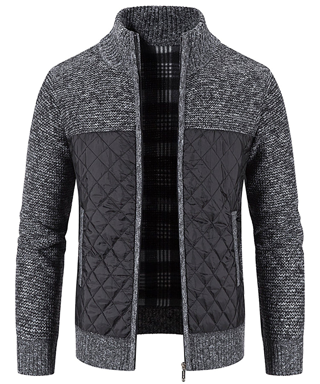 Model wearing a gray Men's Hybrid Quilted Sweater Jacket, demonstrating its casual jacket appeal