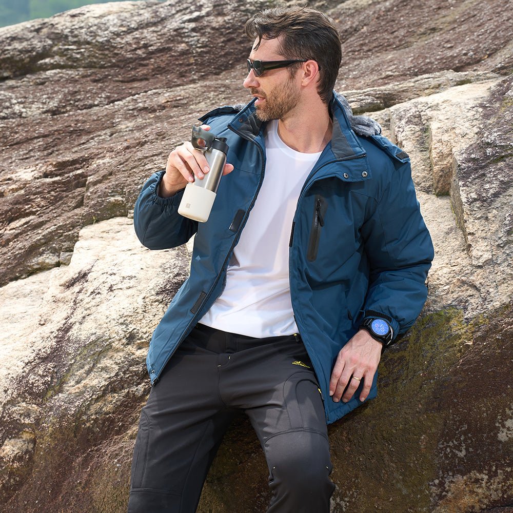 Back view of a men's fleece-lined, water-resistant hiking jacket, ideal for layering.