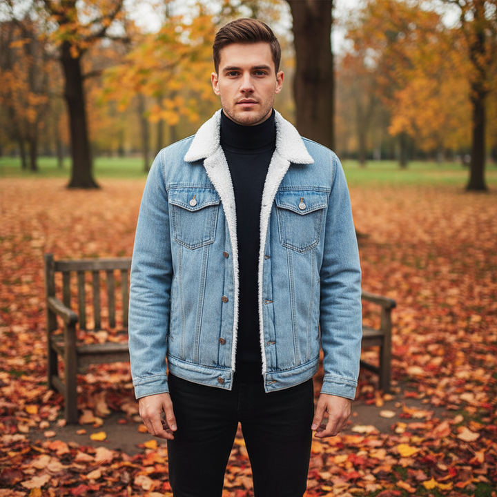 Men's insulated denim jacket with fleece lining, perfect for cold weather & timeless casual style.