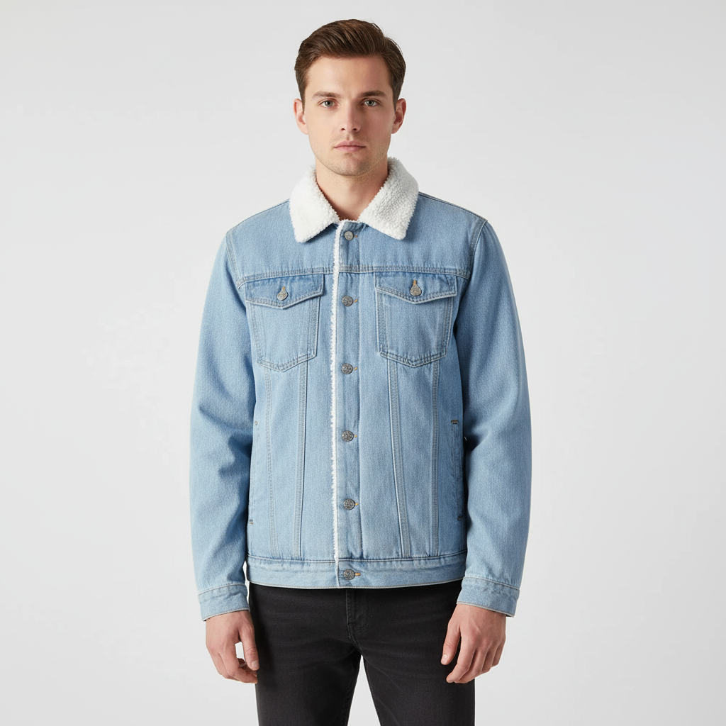 Warm men's denim jacket, insulated with fleece lining, featuring a classic button front & regular fit.
