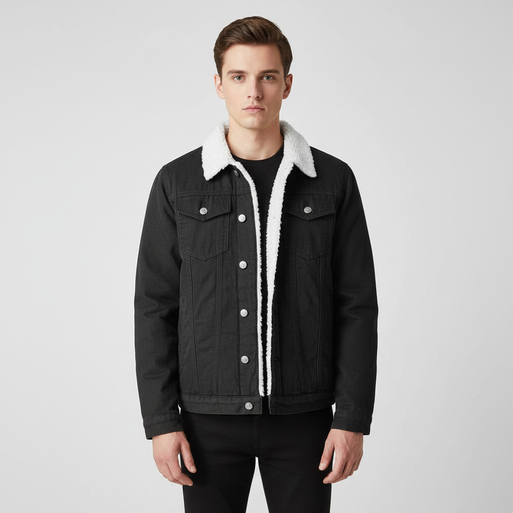 Comfortable & durable men's insulated denim jacket. Ideal casual outerwear for cold weather, button-front design.