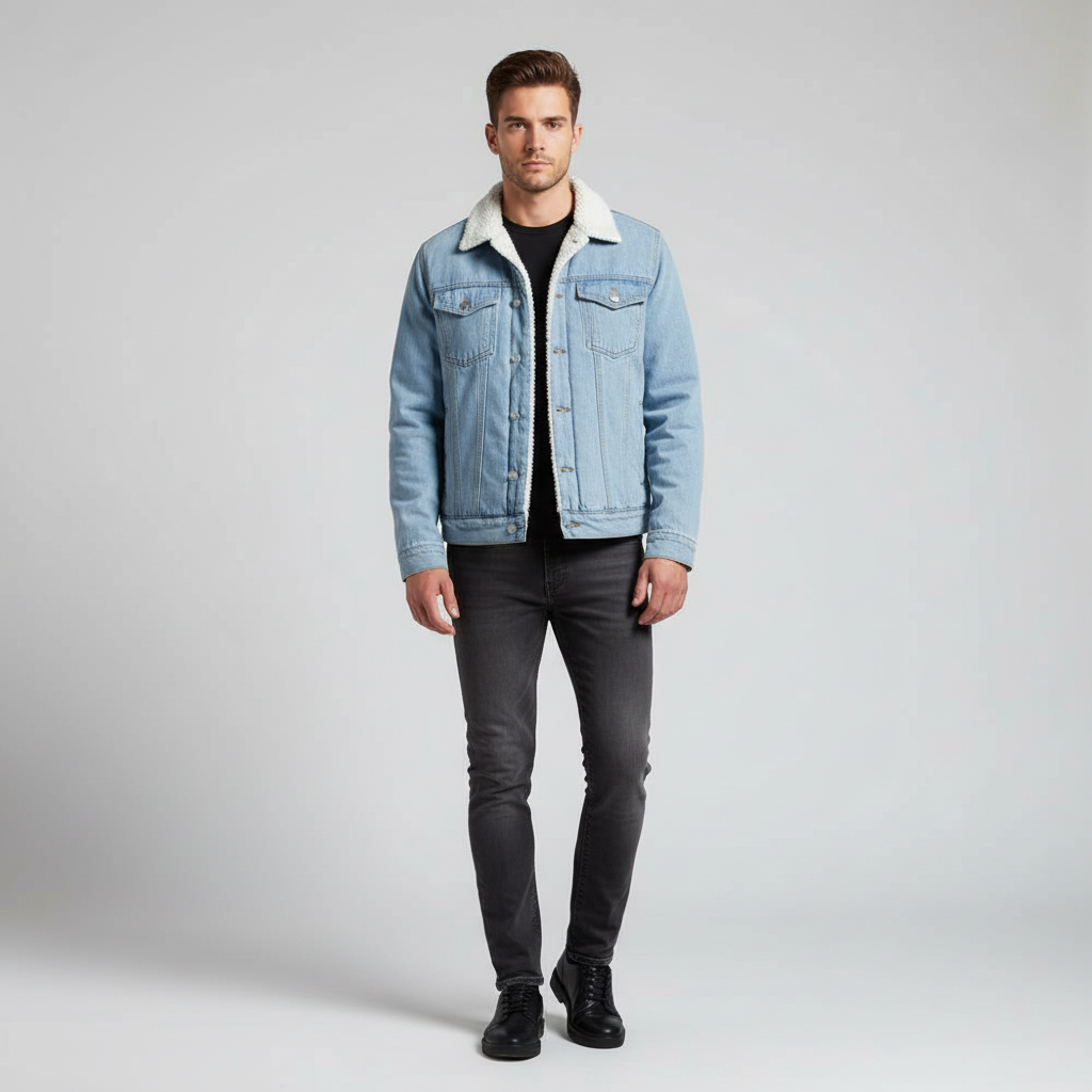Men's warm denim jacket, fleece-lined for cold weather. A timeless, regular fit casual outerwear for daily wear.