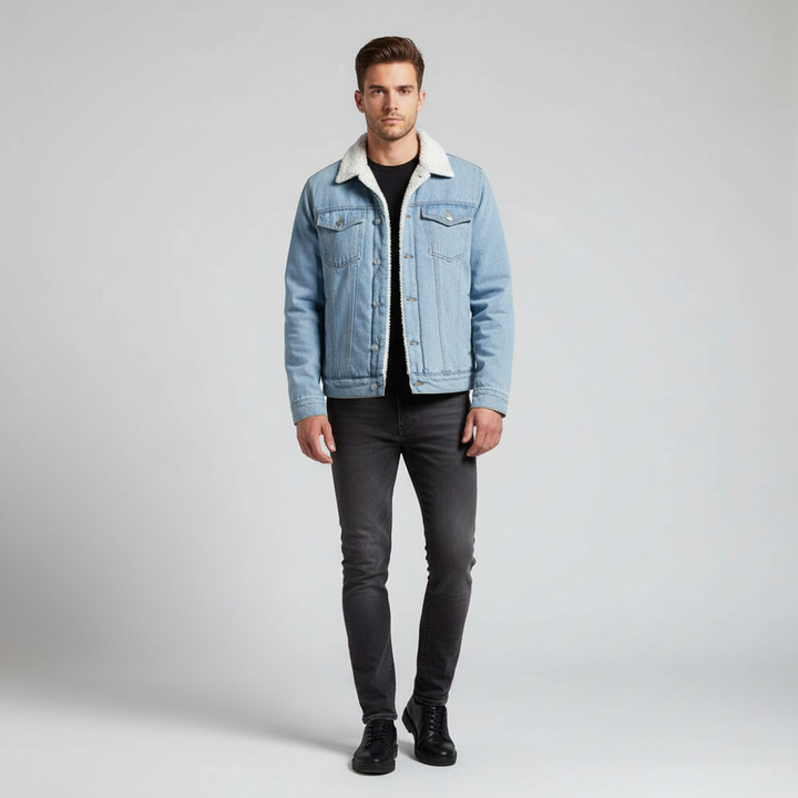 Men's warm denim jacket, fleece-lined for cold weather. A timeless, regular fit casual outerwear for daily wear.