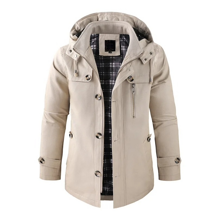 Men's insulated mid-thigh parka jacket, perfect for cold weather, in a sleek black finish.