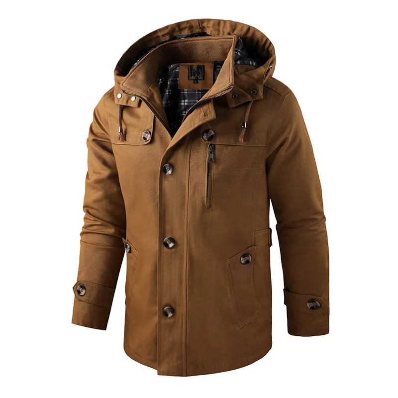 Durable men's outerwear: insulated mid-thigh parka, ideal for cold weather adventures.