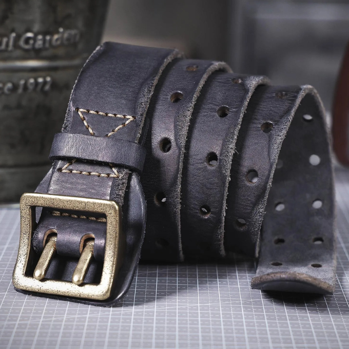 Men's brown Italian leather belt with a antiqued brass buckle, a durable workwear accessory.