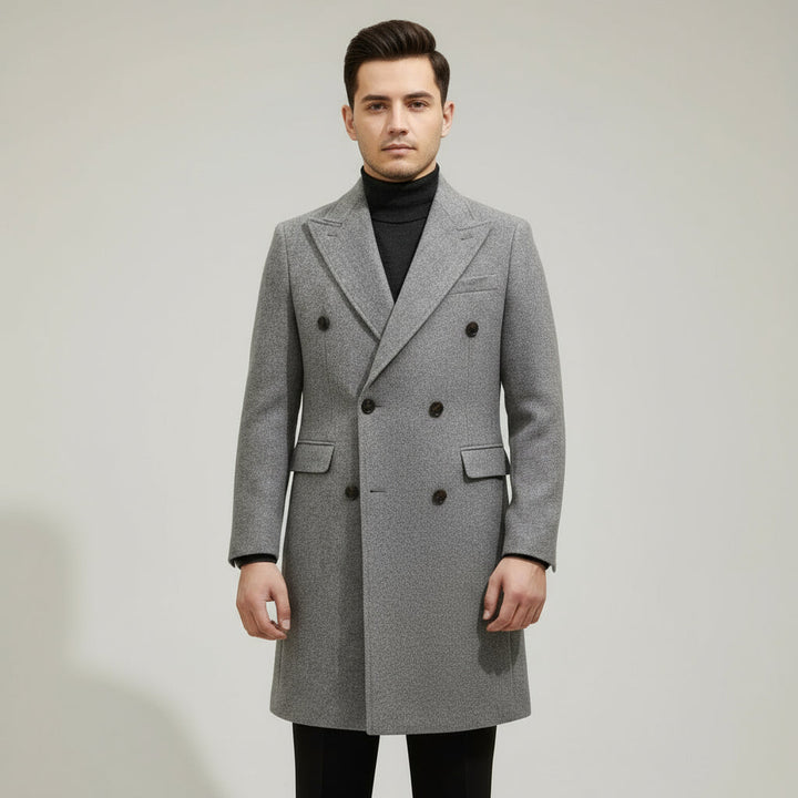 Elegant men's grey winter overcoat. Italian-style tailored trench coat, perfect for formal occasions & cold weather.