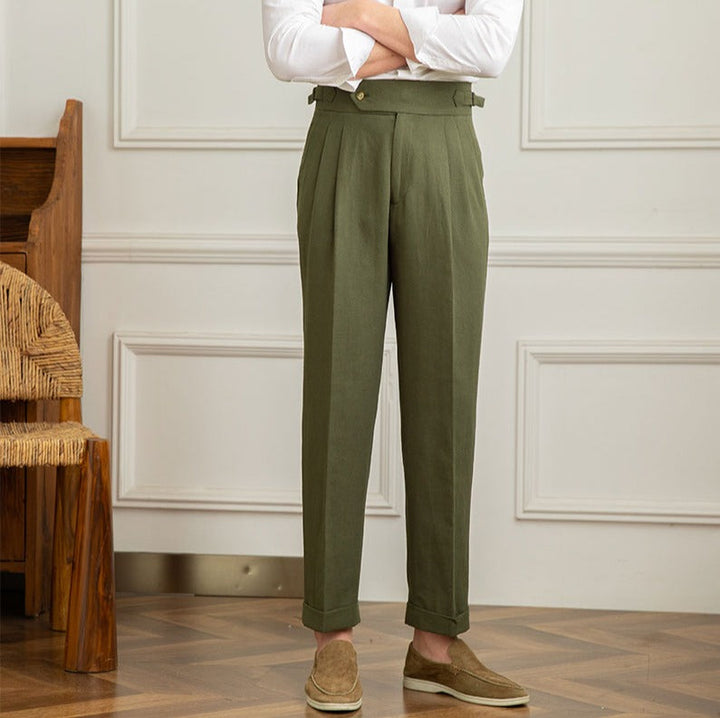 Premium men's high-waisted pleated trousers, a blend of Italian style & tailored comfort.