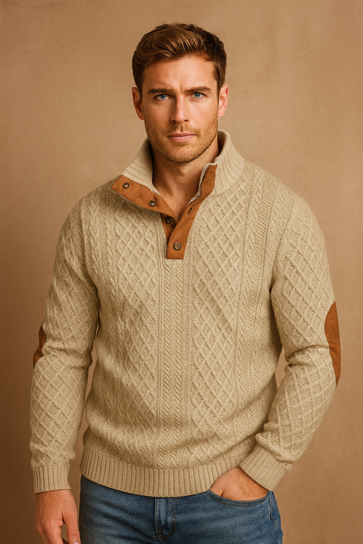 Men's jacquard knitted sweater in relaxed fit, perfect for smart casual spring & autumn fashion.