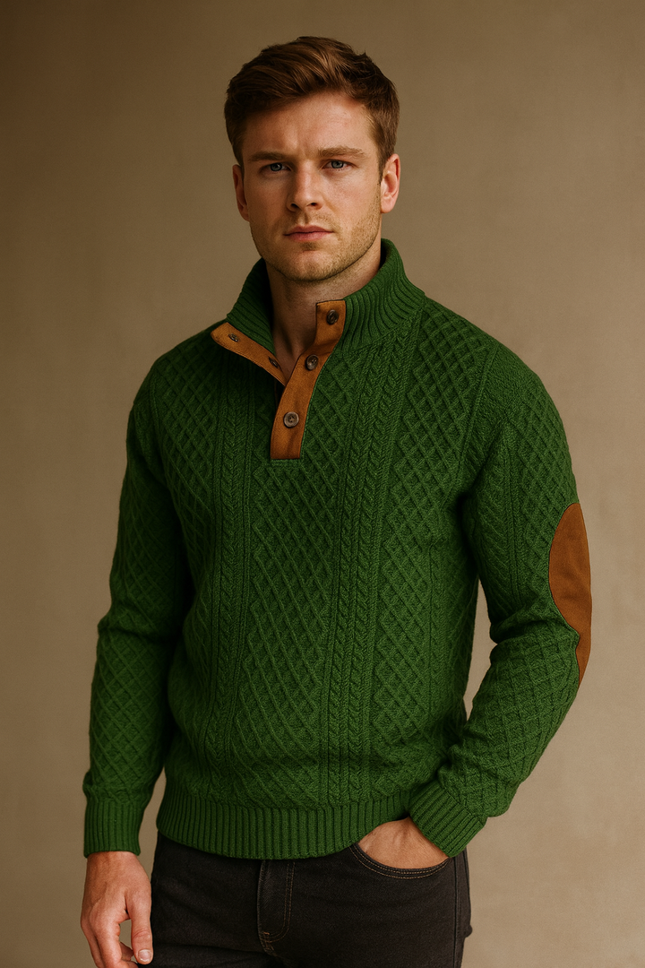 Smart casual men's jacquard knitted sweater with stylish button collar and durable elbow patches.