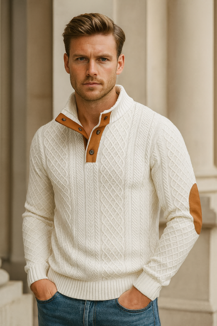 Relaxed fit men's jacquard knitted sweater, comfortable and fashionable for smart casual spring & autumn style.