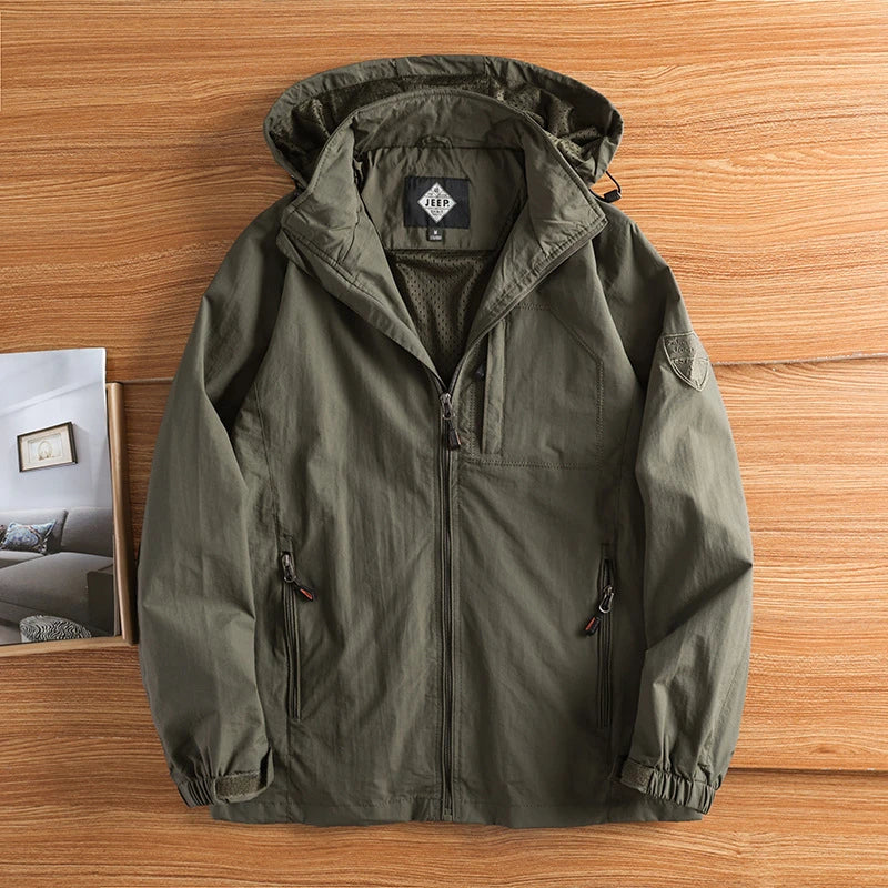Stylish men's hooded hiking jacket in khaki, weather resistant for outdoor adventures