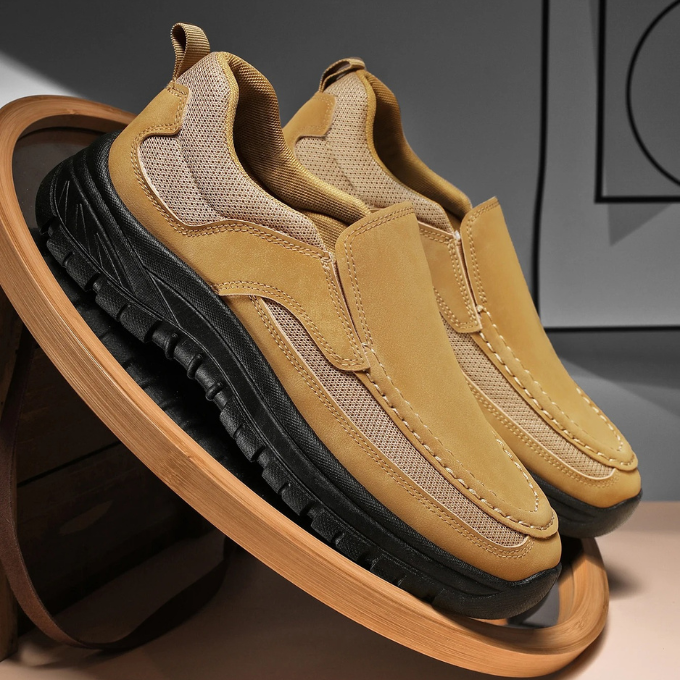 Everyday men's footwear: khaki slip-on comfort shoes with durable suede upper