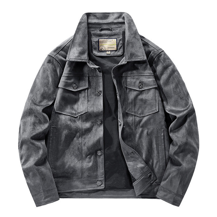 Gray suede-texture snap button jacket for men, ideal for sophisticated casual fall fashion.