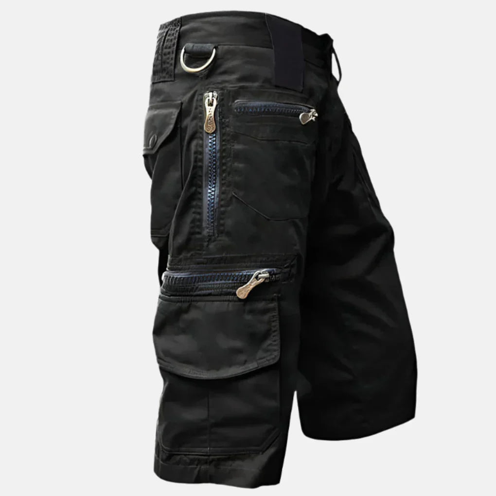 Men's knee-length utility cargo shorts in relaxed fit, perfect for outdoor adventures & summer casual wear. Multi-pocket design.