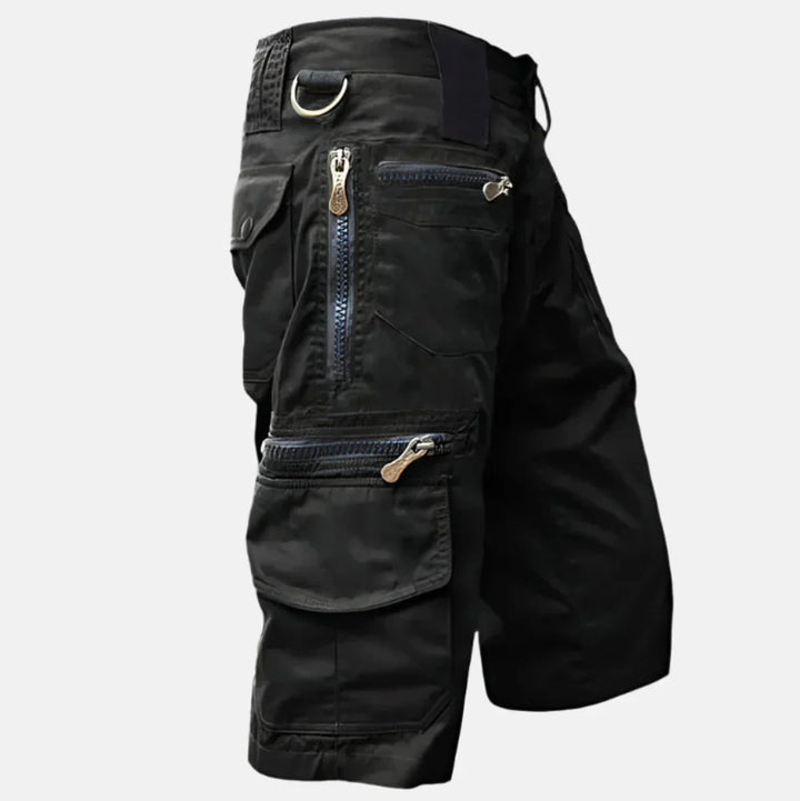 Men's knee-length utility cargo shorts in relaxed fit, perfect for outdoor adventures & summer casual wear. Multi-pocket design.