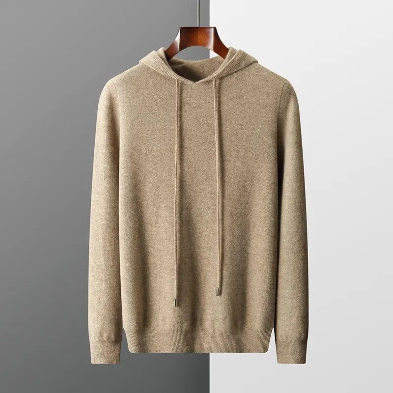 Men's knit hoodie sweater with adjustable drawstring hood, perfect for casual fall & winter layering. Comfortable pullover.