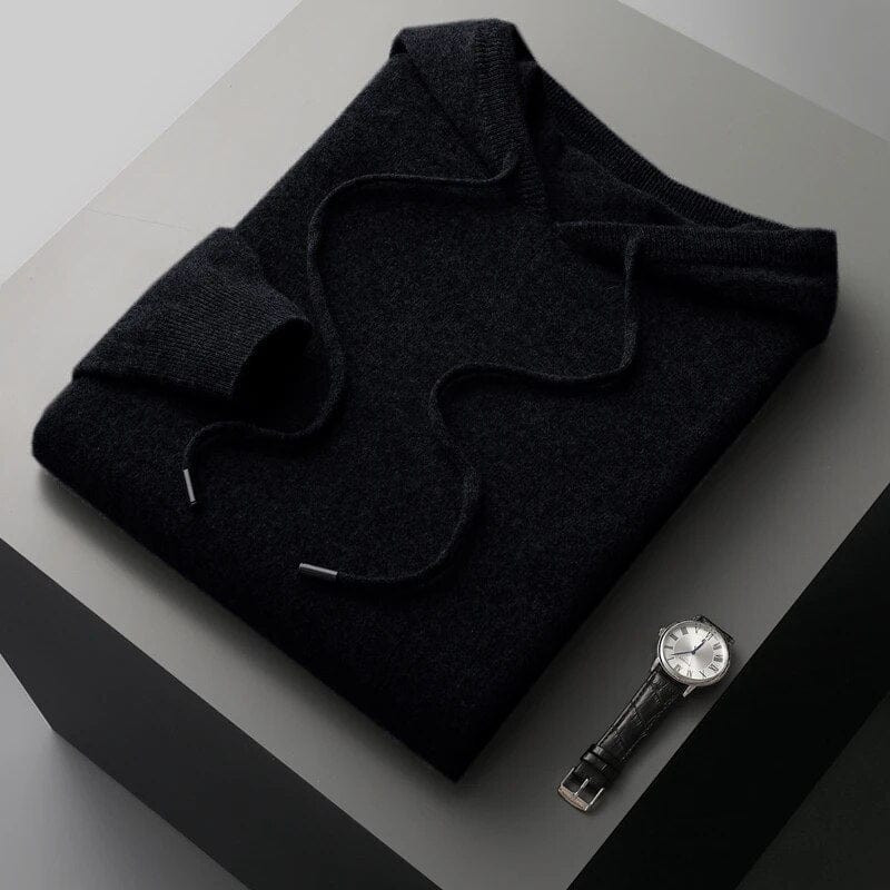 Soft men's knit hoodie sweater featuring a practical drawstring hood. Great for cozy, versatile layering and comfort.