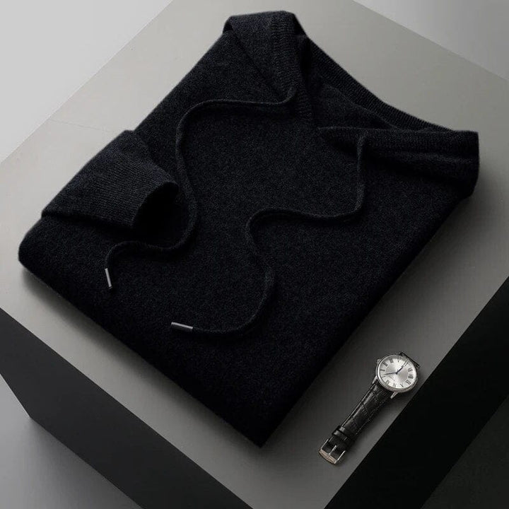 Soft men's knit hoodie sweater featuring a practical drawstring hood. Great for cozy, versatile layering and comfort.