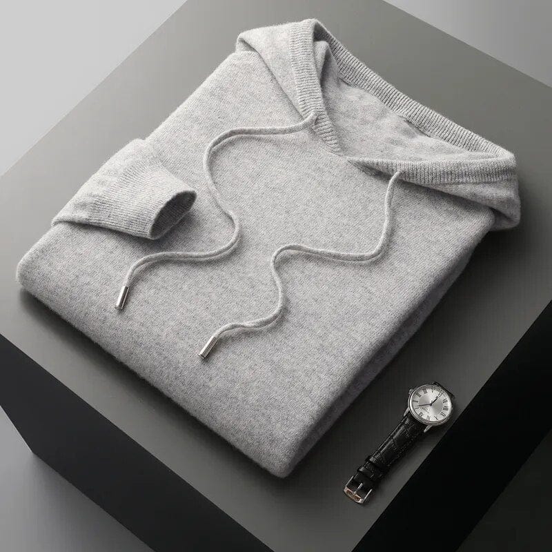 Comfortable men's knit hoodie sweater with a stylish drawstring hood. Essential casual top for men's fall & winter apparel.