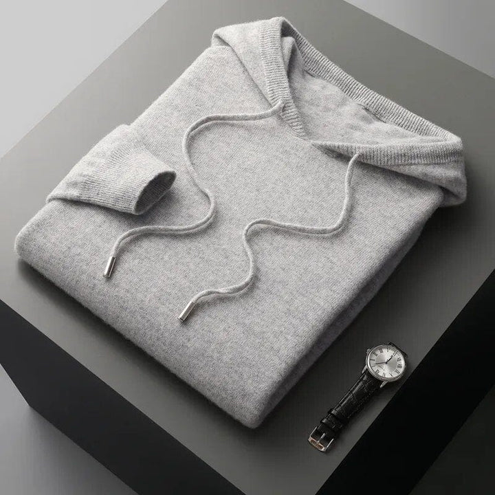 Comfortable men's knit hoodie sweater with a stylish drawstring hood. Essential casual top for men's fall & winter apparel.