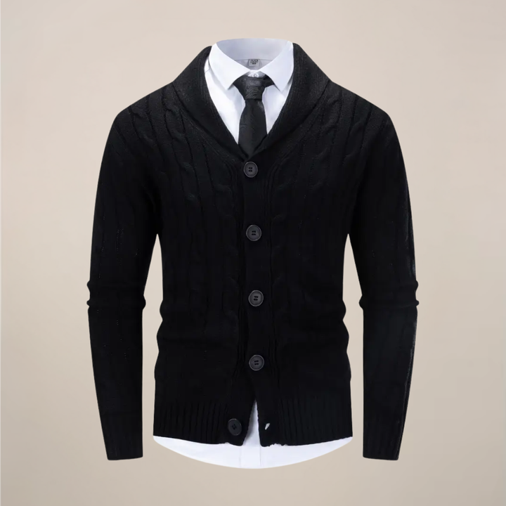 Men's knit shawl collar cardigan for stylish winter layering, perfect for smart casual and everyday fashion.