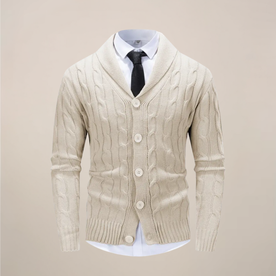 Cozy men's shawl collar sweater, ideal for comfortable winter layering and casual wear.