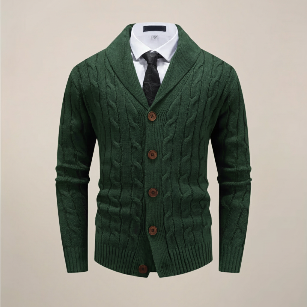 Stylish men's cardigan featuring a prominent shawl collar, great for cold weather outerwear & sophisticated layering.