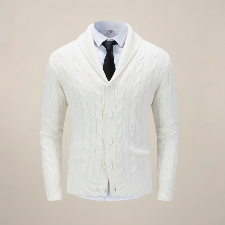 Men's long-sleeve shawl collar cardigan, a versatile knit sweater for smart casual events and cozy winter style.