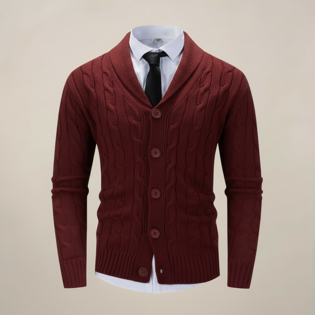 Classic men's shawl collar knit cardigan, essential for cozy winter fashion, offering warmth and stylish layering.