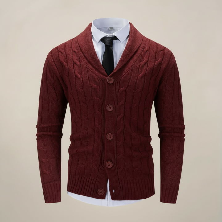 Classic men's shawl collar knit cardigan, essential for cozy winter fashion, offering warmth and stylish layering.