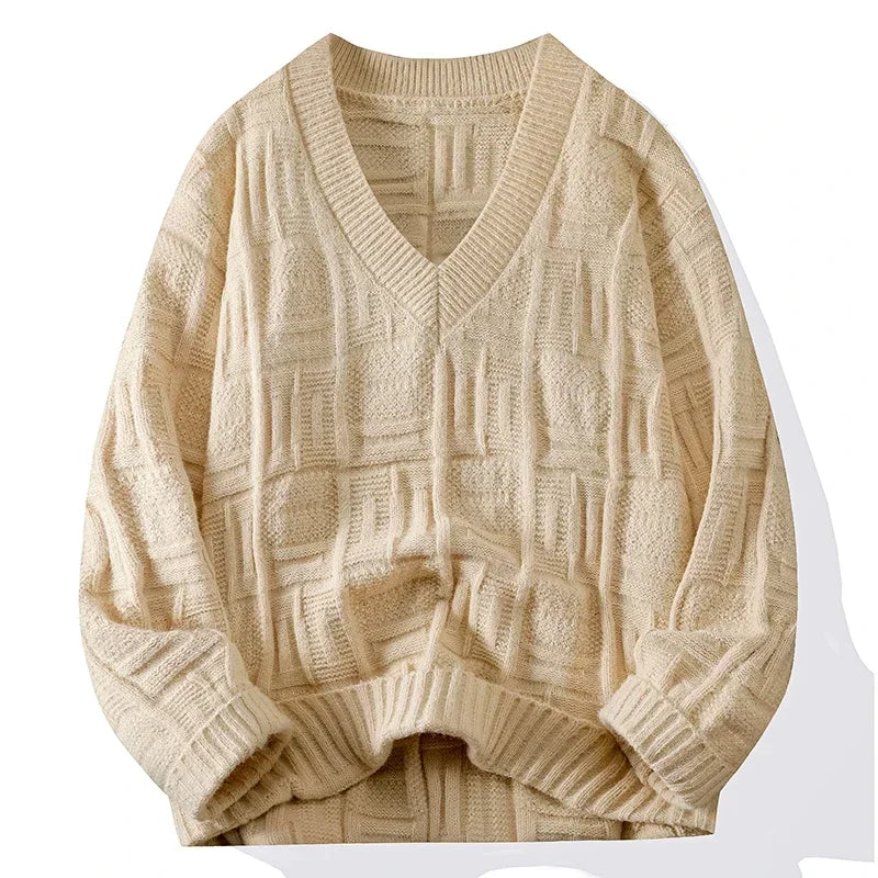 Men's knit V-neck sweater, designed for warmth and style in casual and winter outfits.