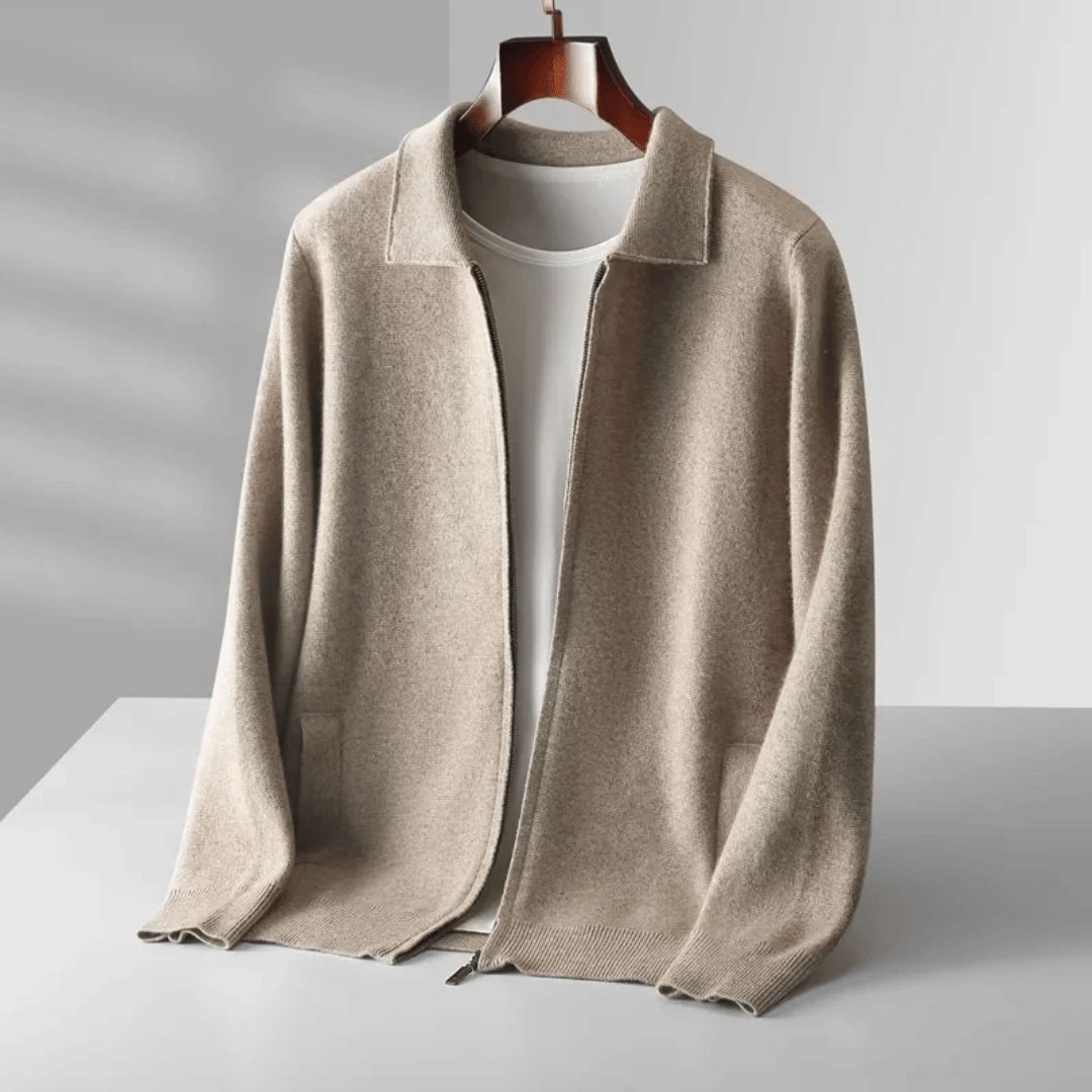 Men's knit zip-up cardigan, collared & long sleeve. Stylish layering for casual or smart casual outfits.