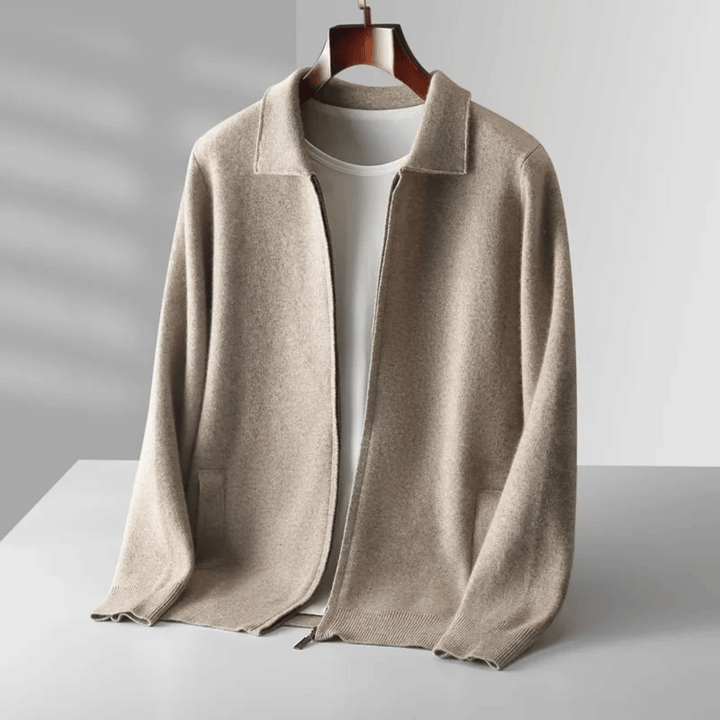 Men's knit zip-up cardigan, collared & long sleeve. Stylish layering for casual or smart casual outfits.