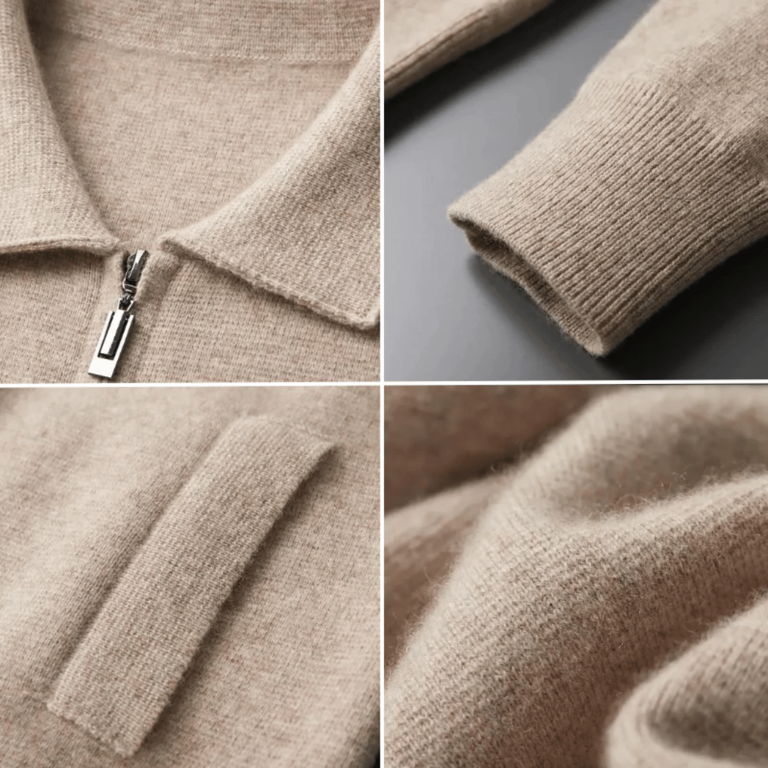Men's collared knit cardigan, zip-up style. Ideal smart casual layering jacket for autumn fashion.