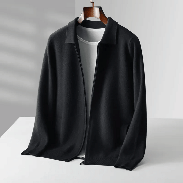 Model wearing a stylish men's knit zip-up cardigan. Collared, long-sleeve for a refined casual look.