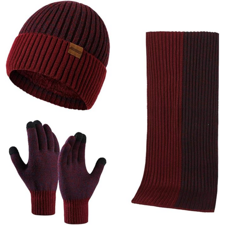 Men's knitted winter beanie, scarf & touchscreen gloves set. Stay warm & connected this season.