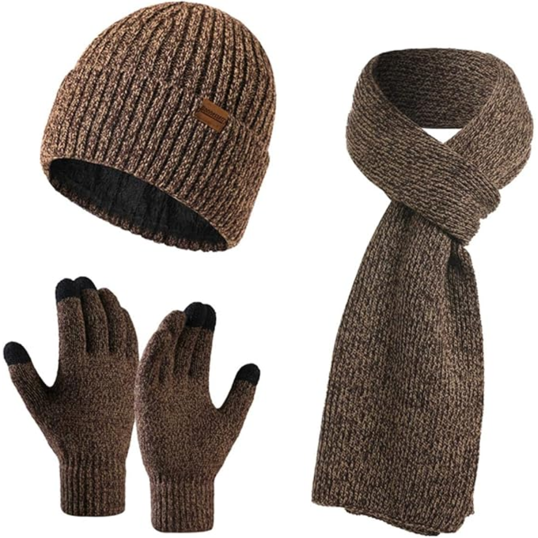 Navy men's knitted winter accessories set with warm beanie, cozy scarf & tech-friendly gloves.