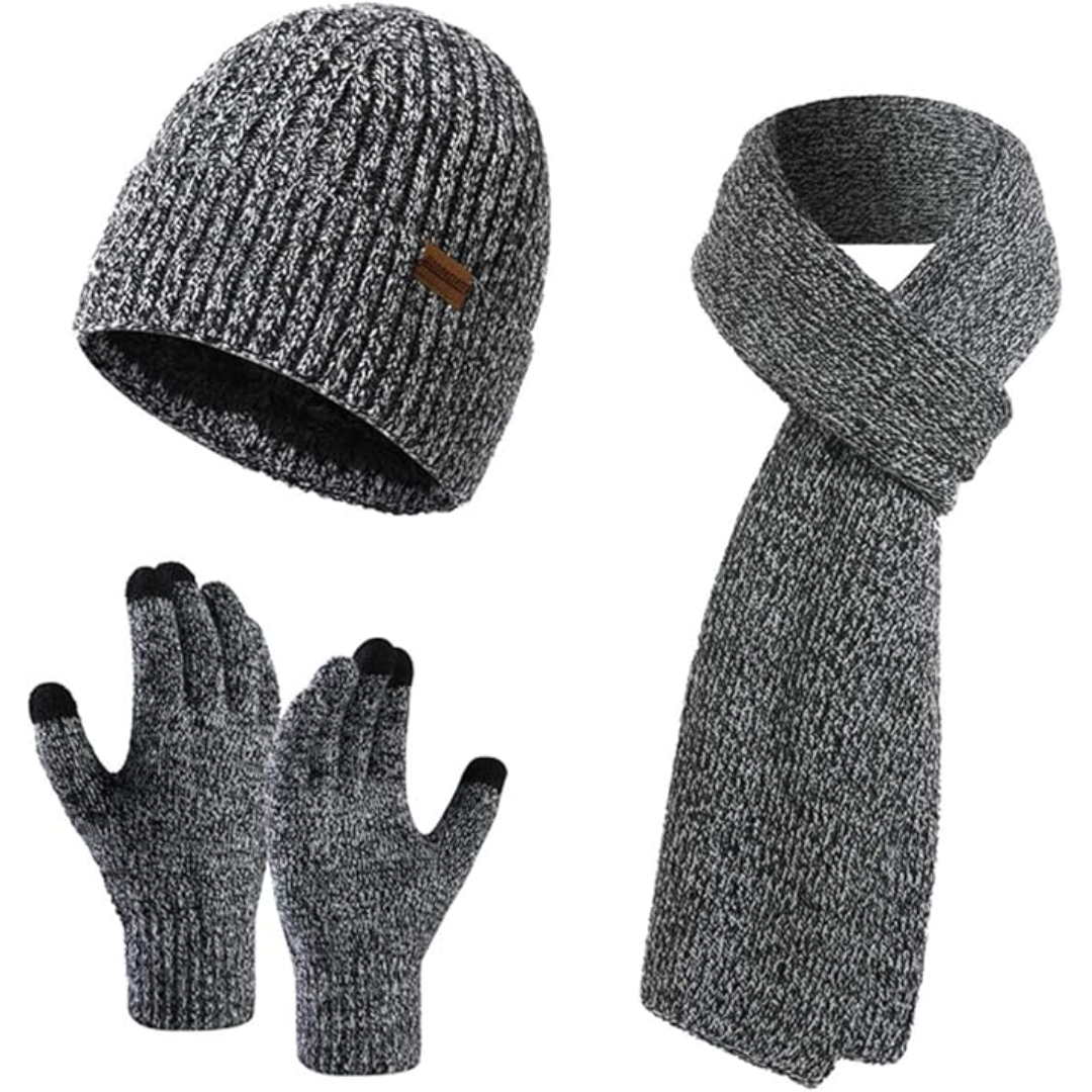 Men's durable winter beanie, long scarf & touchscreen gloves set. Essential cold weather gear for men.
