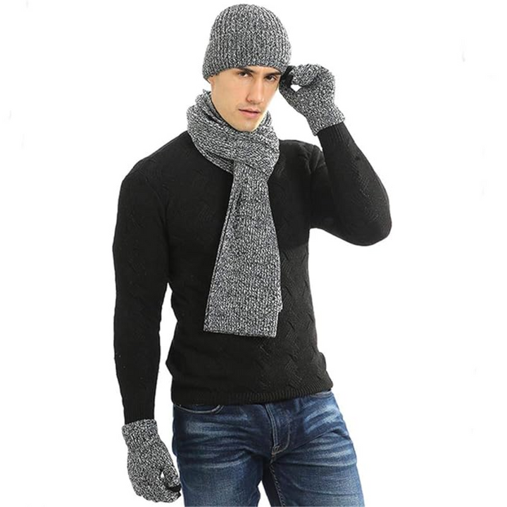 Warm & soft men's winter beanie, matching scarf & touchscreen gloves set. Perfect for outdoor adventures.