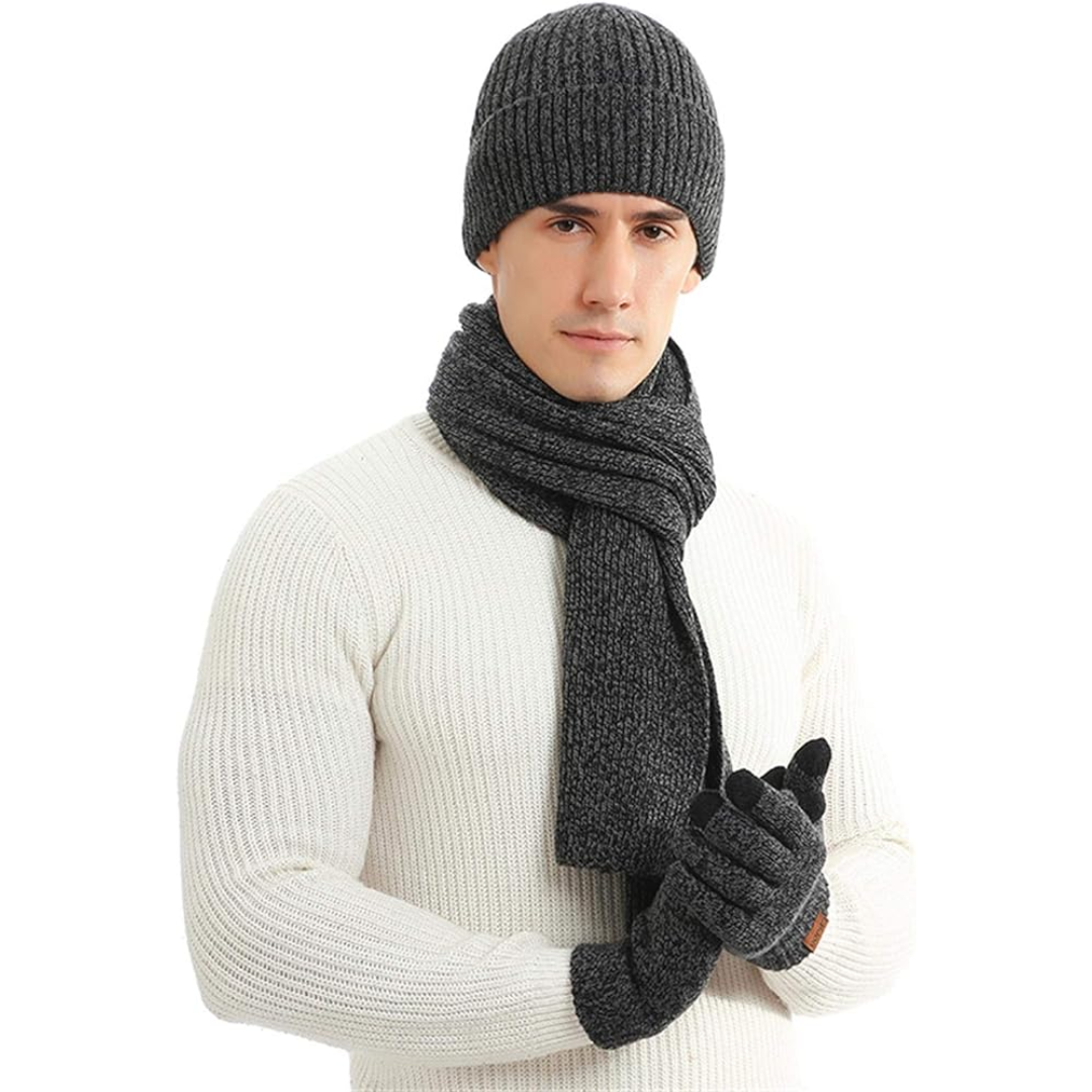 Men's stylish winter set: a cozy beanie, a long scarf & functional touchscreen gloves for all ages.