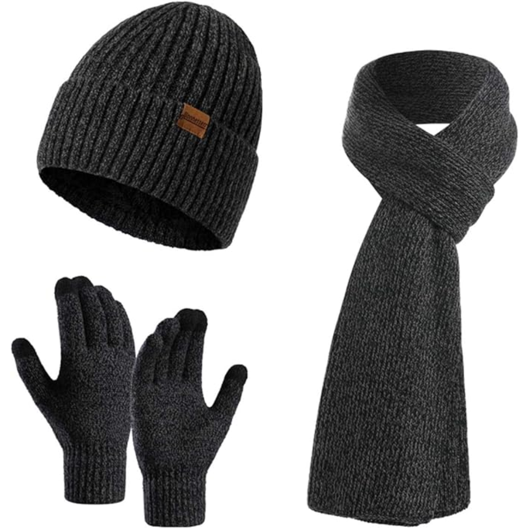 Gift set for men: warm knitted beanie, soft winter scarf & practical touchscreen gloves for him.